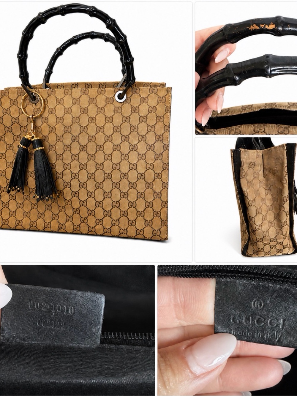 Gucci Brown GG Supreme Tote with Black Bamboo Handles and Tassel